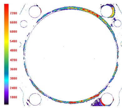 Fig 1: Pressure Distribution Using Fuji Prescale® Film after Topaq® Analysis with Bolts Torqued to 0.69 kilogram-force meter