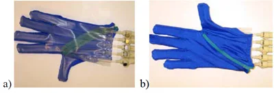 Fig. 1. Picture of the PneuGlove. a) View from the palmar side of the glove. figure 1