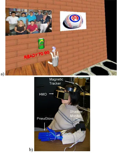 Fig. 2. a) Two-dimensional view of the virtual environment seen by the user. Entire room (floor, ceiling, and all 4 walls) is visible. figure 2