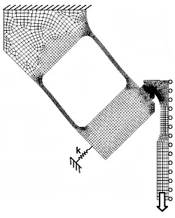 Fig. 6. Finite element mesh used for contact modeling and for design of the pad holder (displacement scaling of 30x)