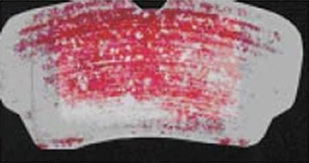 Fig 5: Fujifilm Prescale Shows the Pressure Distribution Resulting from Compression Force on Brake Disc. Fujifilm Prescale brakepad impression