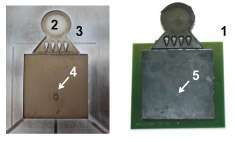 Fig. 2. Left: Molding steel tool. Label 2: Inlet for EMC pellet. Label 3: Film gate with shaping structures. Label 4: PZT cavity pressure sensor. Right: Overmolded FR-4 substrate with film gate. Label 1: Overmolded FR-4 substrate. Label 5: Mark of pressure sensor surface within EMC.