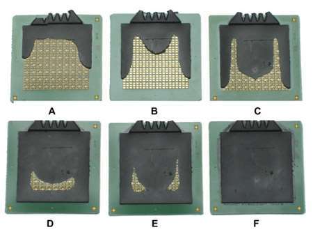 Fig. 9. The filling behavior of EMC on an FR-4 substrate without components can be surprisingly complicated which can be illustrated by short shots.