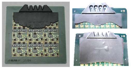 Fig. 10. Left: Short shot of PCB overmolding with assembled components. Right: PCB with reduced substrate thickness shows homogeneous, straight flow front.