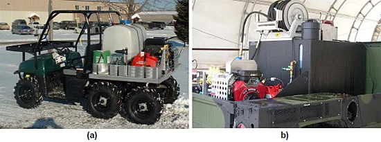 Figure 2.2.4: (a) A derivative of the UHP skid adapted for the Polaris. (b) The Rosenbauer UHPS fitted within the rear of a military HMMWV. figure 2.2.4