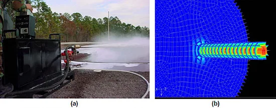 Figure 2.3.1: (a) The 100 gpm UHP skid delivering agent. (b) CFD velocity contours showing steep gradients within a UHP test nozzle using Fluent®. figure 2.3.1
