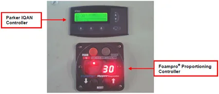 Figure 3.8.3: UHP P-19 IQAN control monitor along with the foam proportioning controller. figure 3.8.3
